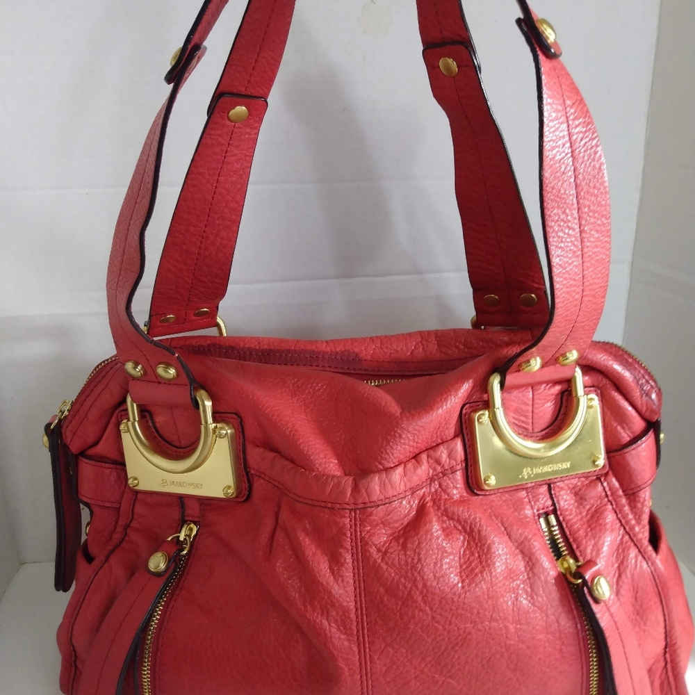 B.Makowsky Red/Gold Leather Satchel Purse